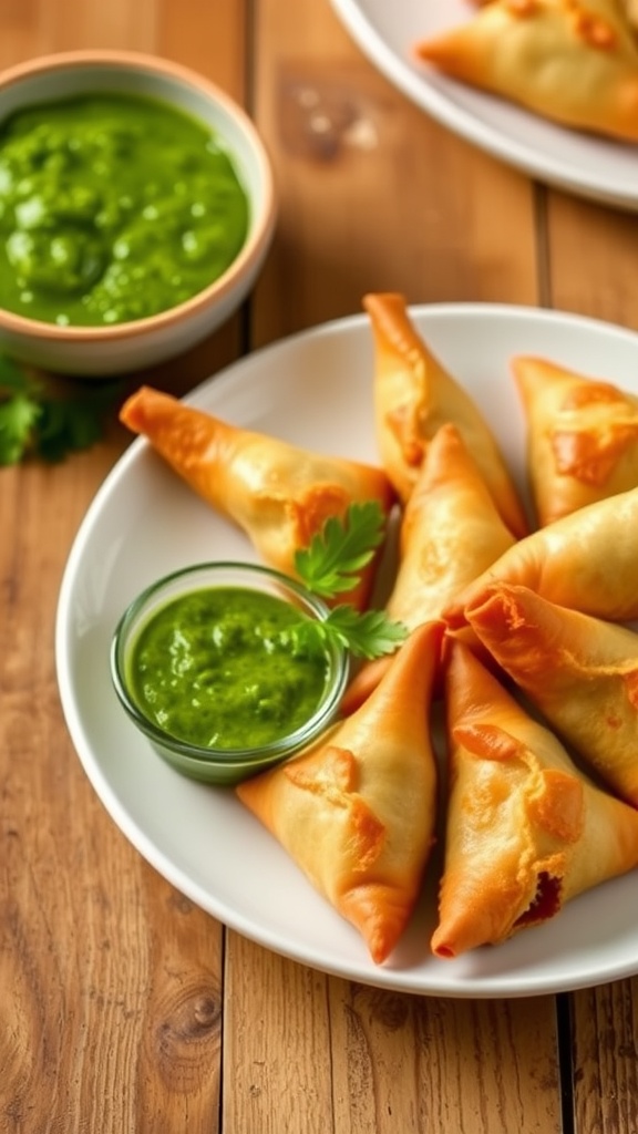 Crispy beef samosas on a plate with mint chutney and coriander, showcasing their golden color and flaky texture.